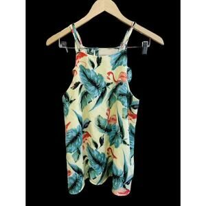 Flamingo Women’s Large Tank Top Yellow Ruffle Back Tie Back Lined Tropical Beach